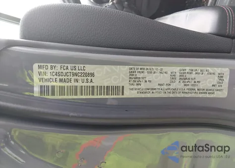 2022 Dodge Durango R/T Awd из США, поврежденный, VIN 1C4SDJCT9NC220896